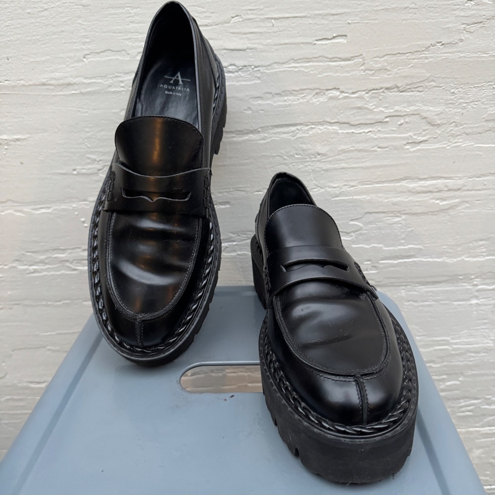 Aquatalia Platform Penny Loafers 10 Black Leather Chunky Lug Sole Waterproof y2k - Picture 11 of 11